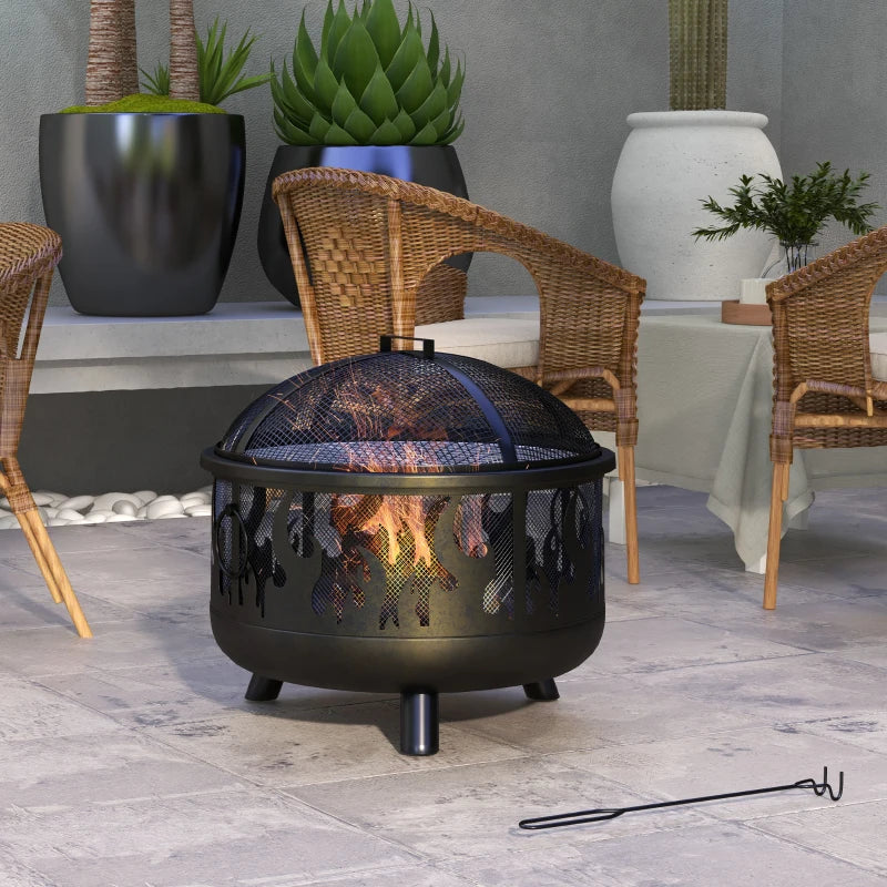 Premium Black Steel Fire Pit BBQ with Poker - Outdoor Heating & Cooking Solution for Patios, Gardens, and Backyards