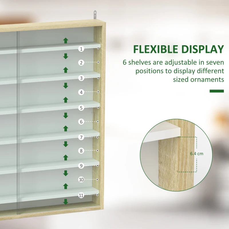 7-Tier Oak Wall Display Shelf Unit with Glass Doors & 6 Adjustable Shelves for Home Office Ornaments - 83x80cm