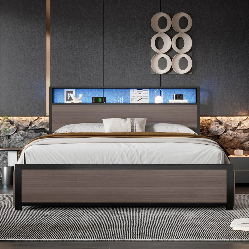 Metal Double Bed with LED Light Strip, 4 Drawers & 3 USB Ports - Stylish Gray Bedroom Furniture, 207x135.5x105 cm