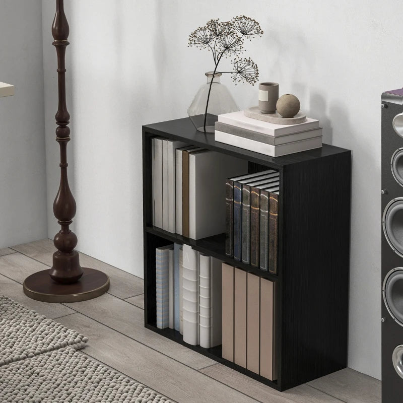 Adjustable 2-Tier Bookshelf - Low Black Bookcase with 2 Compartments for Home Office, Living Room & Study