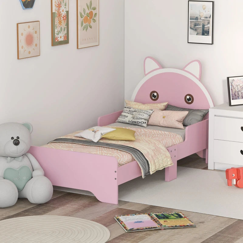 ZONEKIZ Kids Cat Design Toddler Bed Frame with Guardrails - Pink Bedroom Furniture for Ages 3-6, 143x74x72cm