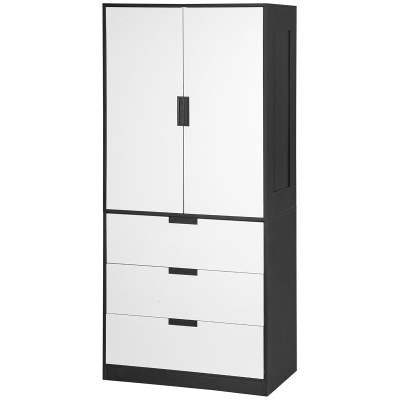 Modern Black 2 Door Wardrobe with 3 Drawers and Hanging Rod for Bedroom Storage