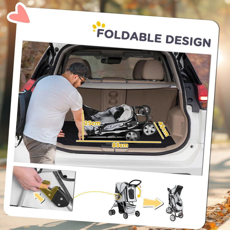 Foldable Pet Stroller for Small Dogs & Cats - Travel Carriage with Wheels, Zipper Entry, Cup Holder & Storage Basket - Grey