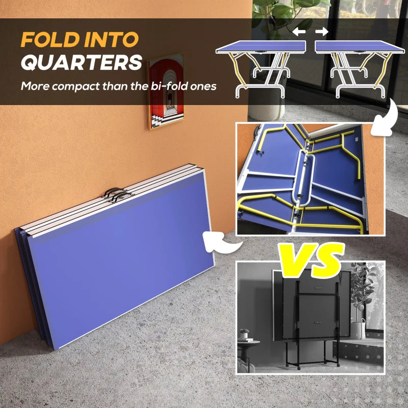 9FT Foldable Table Tennis Table with Cover Net Paddles Balls Blue