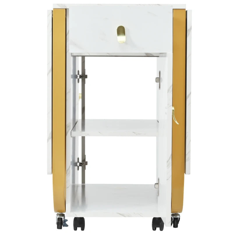 Folding Extendable Dining Table with Cupboard & 2 Drawers - Space-Saving Utility Table on Castors, Adjustable Legs, White/Gold
