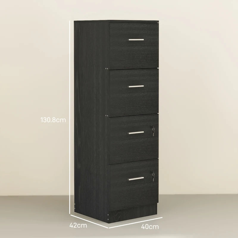 Stylish Black Wood Effect Four-Drawer Lockable Filing Cabinet for Secure Document Storage - Ideal for Home or Office