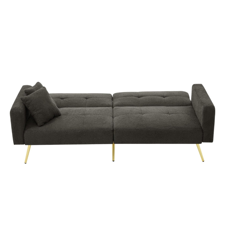 Stylish Modern Loveseat Sofa Bed with Adjustable Backrest, Gold Legs, and Side Storage Pockets in Dark Grey