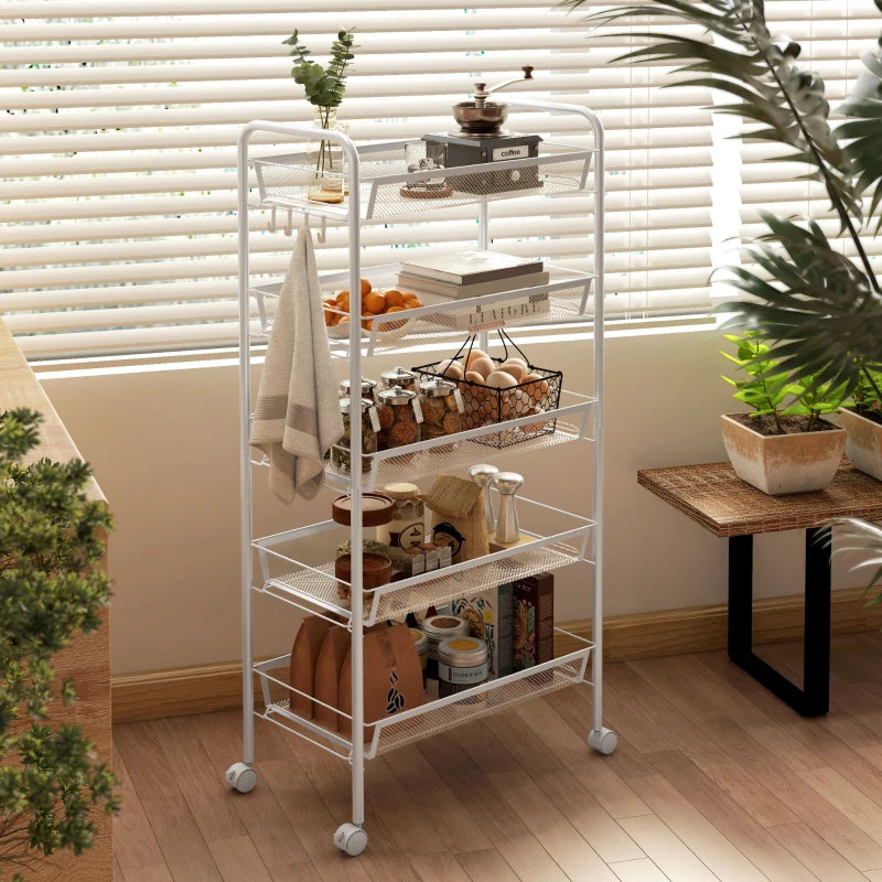 Five-Steel Mesh Storage Trolley with Wheels - Versatile White Basket Organizer for Home, Office, and Kitchen