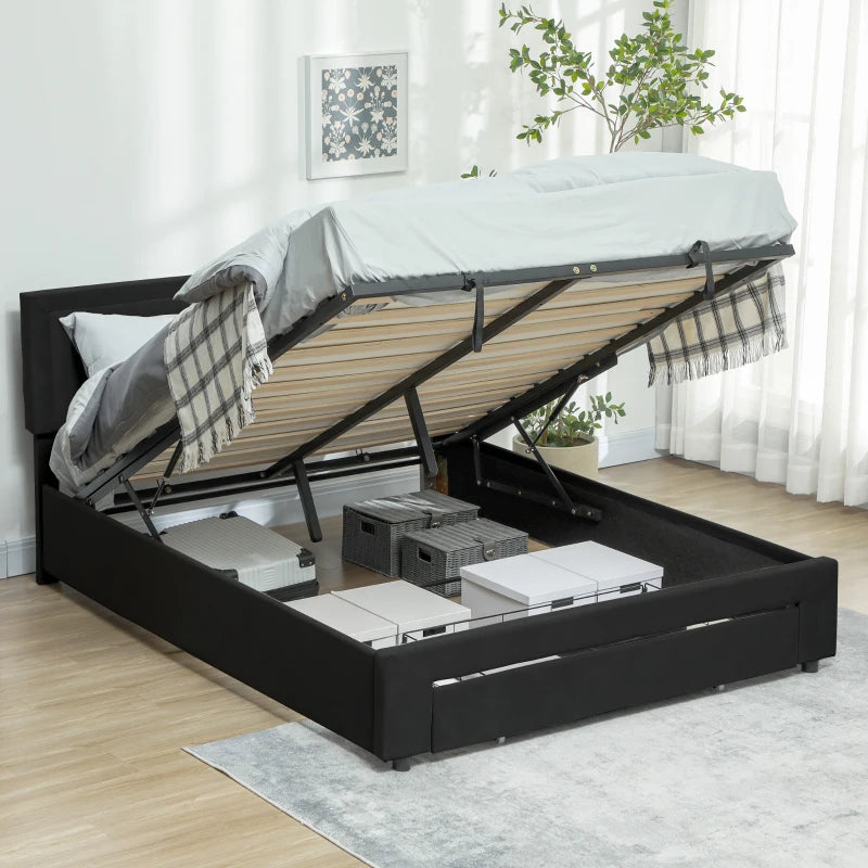 Stylish Black Double Ottoman Bed Frame with Front Storage Drawer for Maximum Space