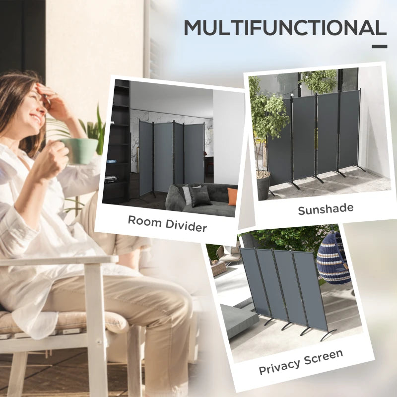 4 Panel Folding Garden Divider - 1.7m Dark Grey Privacy Screen with Wide Feet, Portable Freestanding Privacy Panel for Deck