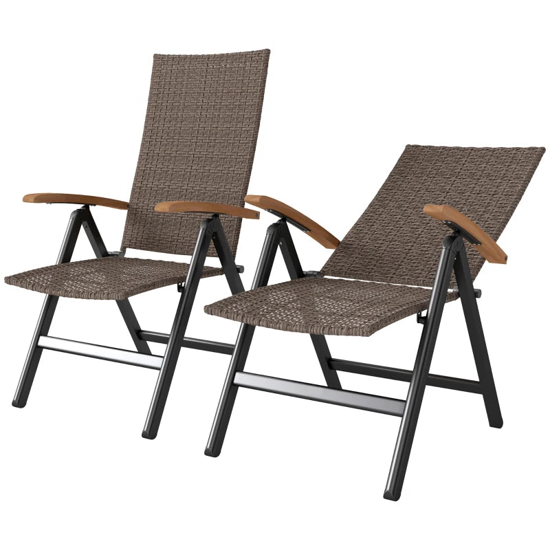2 Piece Folding Rattan Garden Dining Chairs with Reclining High Back and Wood Armrests