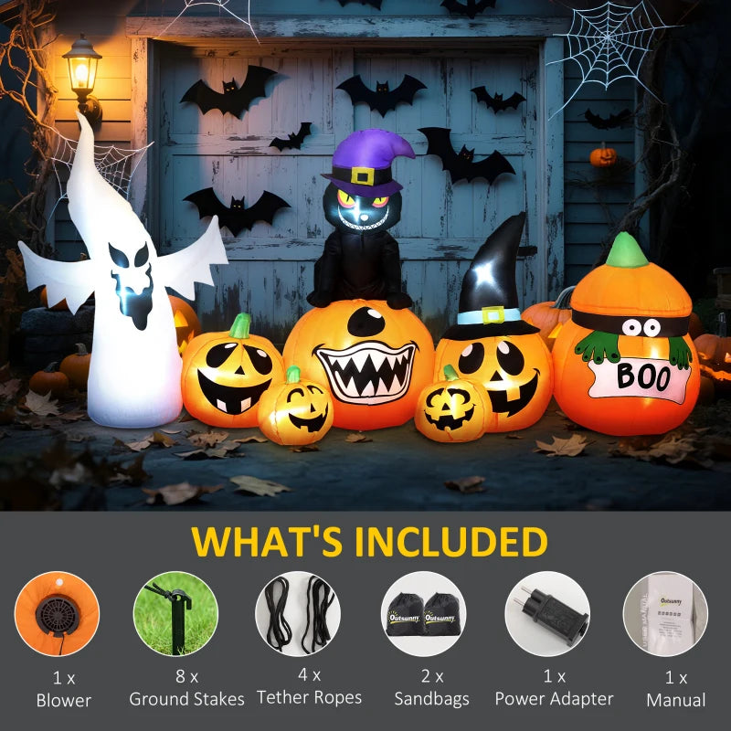 8FT Halloween Inflatables Combo - Pumpkin, Ghost & Cat with 9 LEDs - Self-Inflating Outdoor Decorations for Garden Party