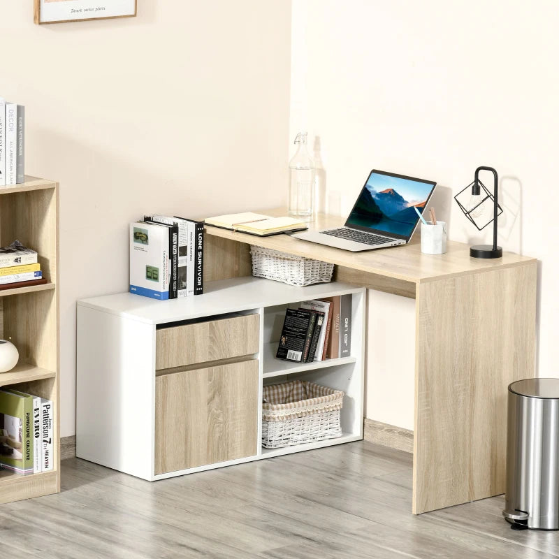 L-Shaped Corner Computer Desk with Storage Drawer & Adjustable Shelf - Oak & White Home Office Furniture, 120x92x75cm
