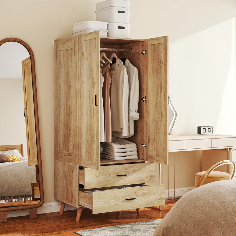 Modern 2 Door Wardrobe with Drawers and Hanging Rail for Stylish Bedroom Storage