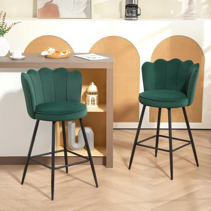 Set of 2 Dark Green Velvet Lotus Bar Stools - Stylish, Comfortable Seating for Kitchen or Home Bar