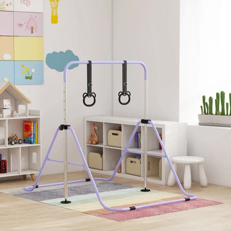 Adjustable Height Foldable Kids Gymnastics Bar with Non-slip Rubber Floor Rings for Ages 3 and Up in Purple