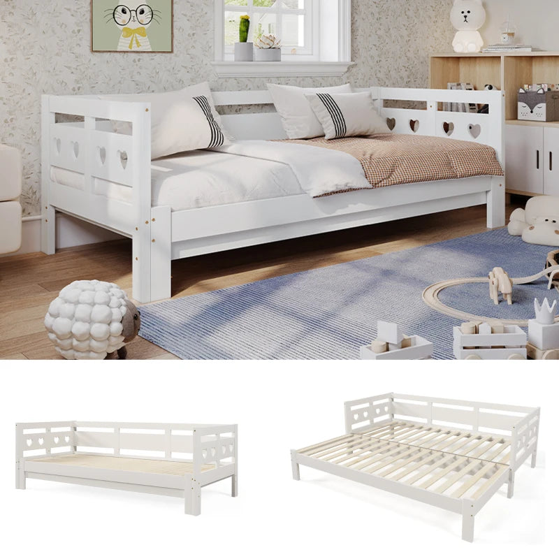 Heart-Shaped Wooden Daybed Frame with Trundle for Kids and Adults White Sofa Bed
