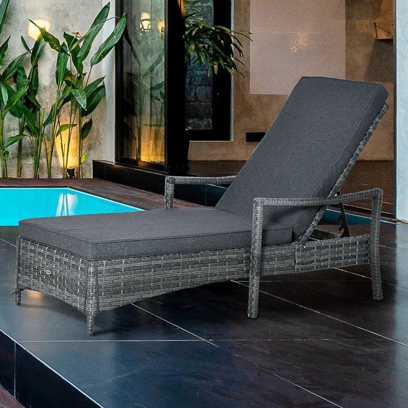 Grey Rattan Sun Lounger with Adjustable Backrest & Washable Cushion