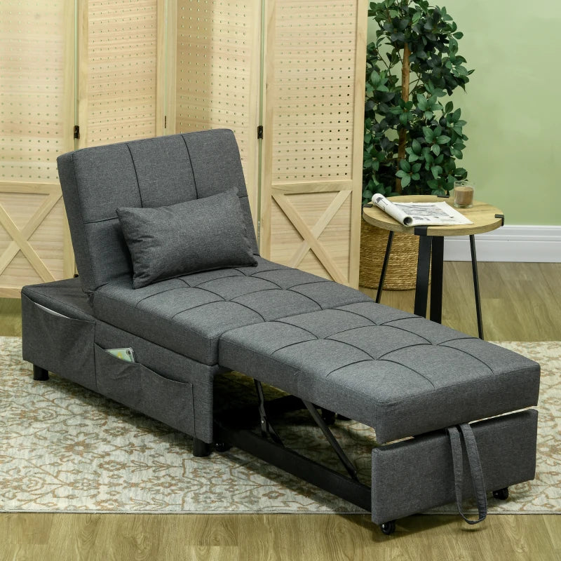 4-in-1 Convertible Chair Bed with Adjustable Backrest, Side Pocket, Wheels and Pillow for Living Room, Grey