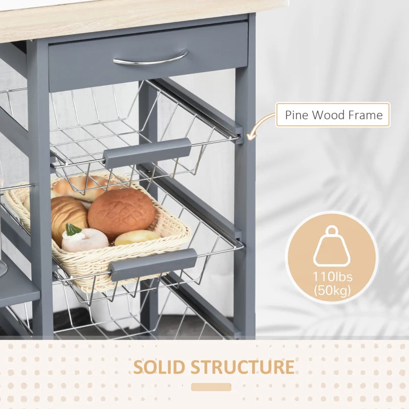 Rolling Kitchen Cart with 4 Basket Drawers & Side Racks - Utility Storage on Wheels for Dining Room - Grey
