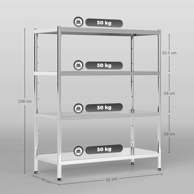 4-Tier Stainless Steel Bakers Rack with Adjustable Shelves - Kitchen Storage Unit for Spices, Pots & Pans - Silver Tone