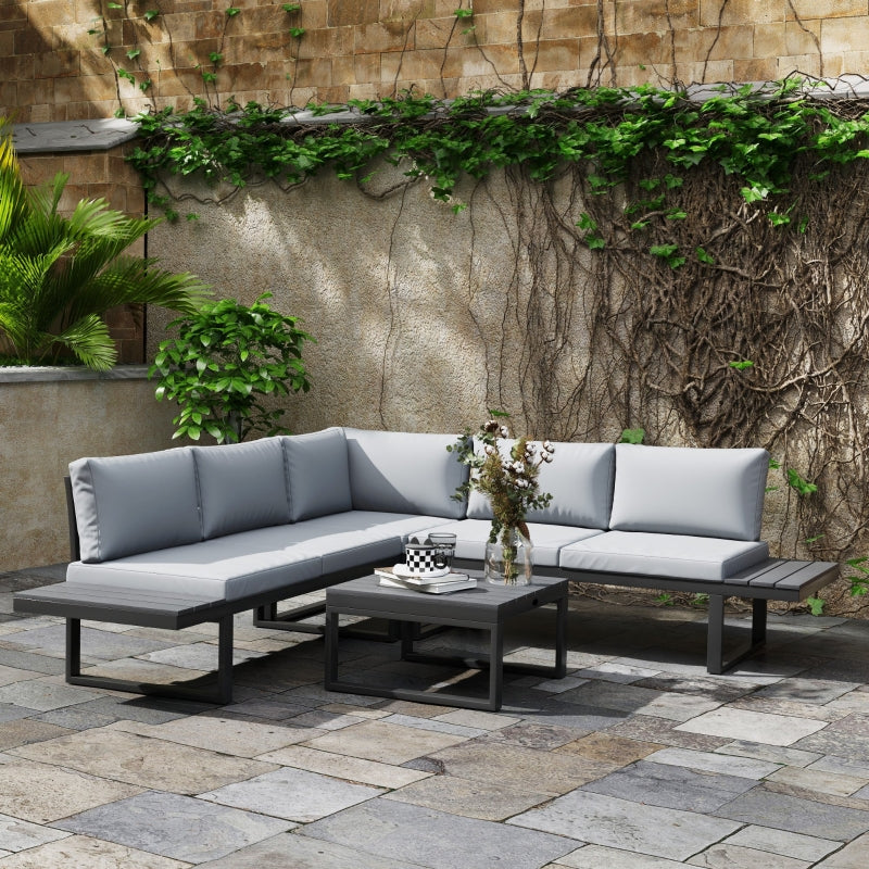 4-Piece Light Grey Outdoor Patio Garden Lounge Set With  5-Level Recline and Wood Grain Plastic Table