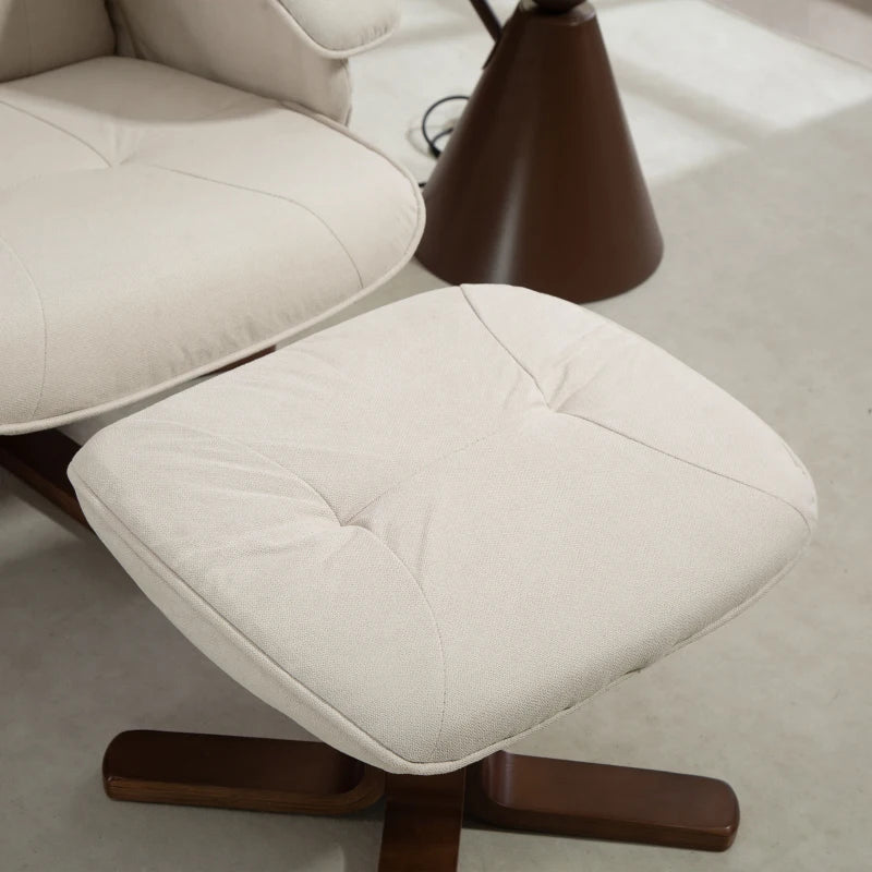 Linen Swivel Recliner Chair with Footstool Upholstered Reclining Armchair with Wooden Base for Living Room Beige