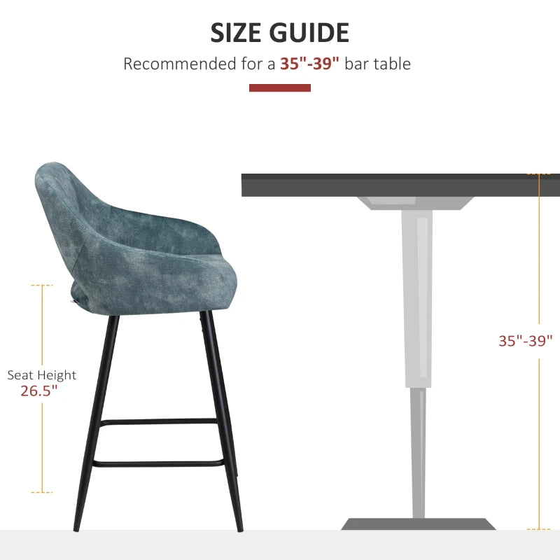Set of 2 Velvet Bar Stools - Counter Height Kitchen Chairs with Steel Legs - Blue Fabric Dining Area Barstools