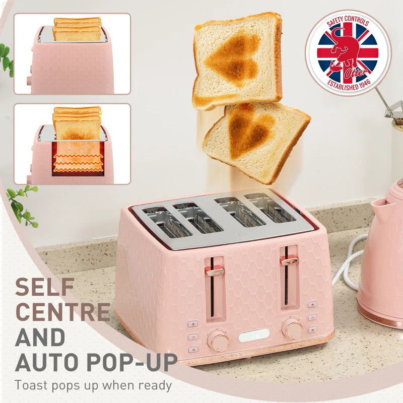 Light Pink Kettle and Toaster Set - 1.7L Fast Boil Jug Kettle & 4 Slice Toaster with 7 Browning Levels