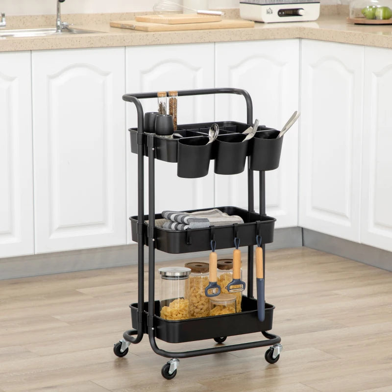 Versatile Black Three-Tier Home Trolley with Handle & Wheels - Perfect for Kitchen, Living Room, or Office Storage