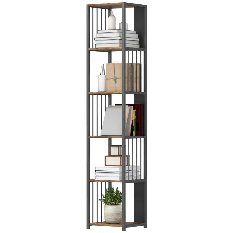 Rustic Brown 5-Tier Bookshelf with Steel Frame - Industrial Style Storage Shelf for Home or Office