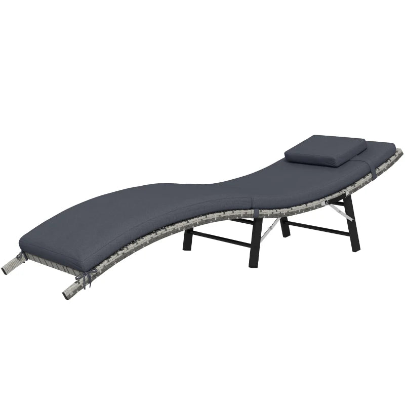 Grey Rattan Folding Sun Lounger with Cushion and Pillow