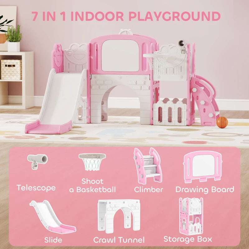 7 in 1 Toddler Slide Set with Basketball Hoop Climbing Frame Telescope Drawing Board Storage Box Pink