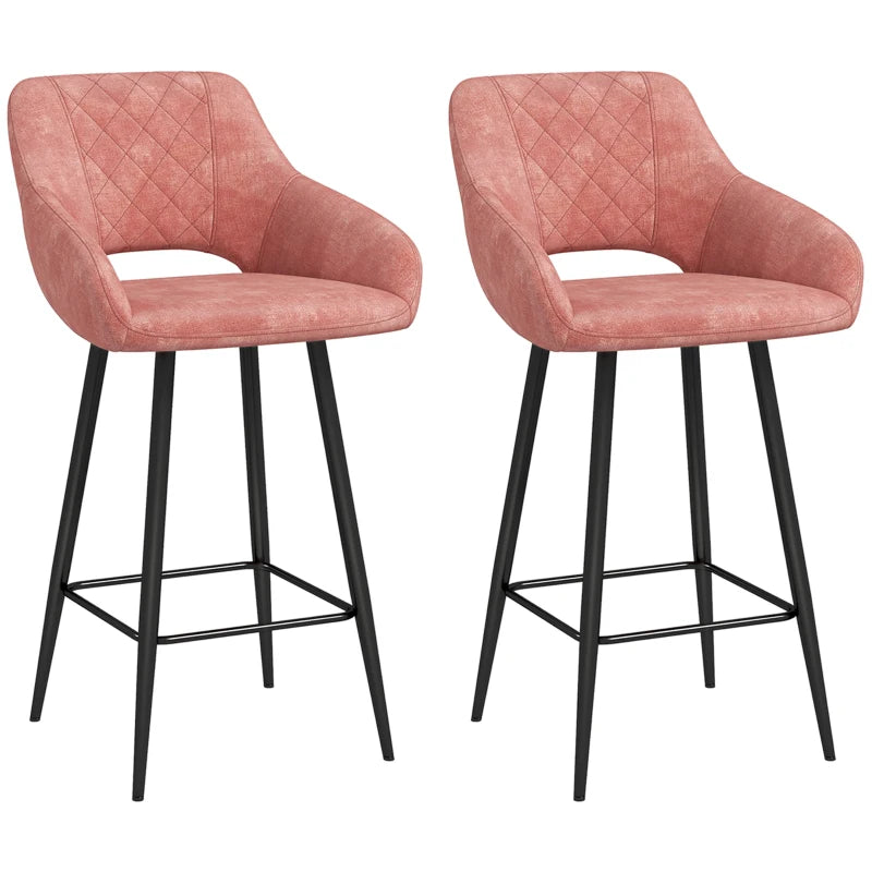 Set of 2 Pink Velvet-Feel Bar Stools - Stylish Modern Seating for Kitchen, Dining Room, or Home Bar