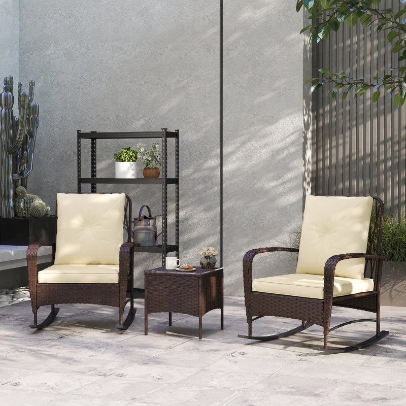 Brown Rattan Three-Piece Rocking Chair Bistro Set - Outdoor Furniture, Comfortable Seating