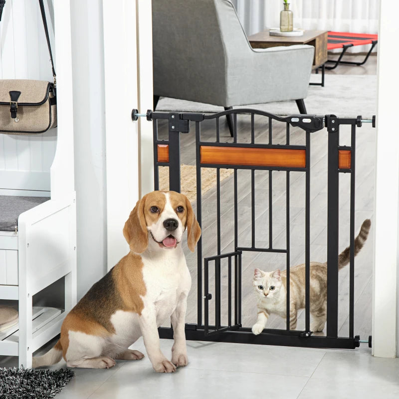 Pet Safety Gate with Cat Flap, Auto Close, 74-80cm Wide for Staircases, Doorways & Hallways - Black