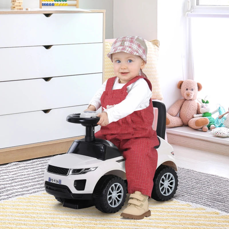 3-in-1 Ride On Car for Toddlers - Foot to Floor Slider with Horn, Steering Wheel, Under Seat Storage, Safe Design - White