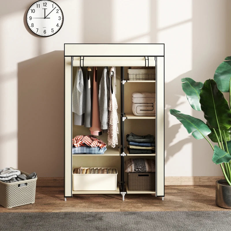 Portable Fabric Wardrobe with 6 Shelves and Hanging Rail Cream White 103x43x162.5 cm