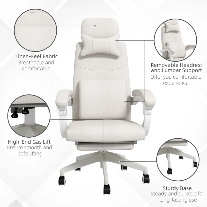 Vinsetto White Linen-Look Office Chair with 160° Reclining Back and Footrest - Ergonomic Comfort for Home & Office