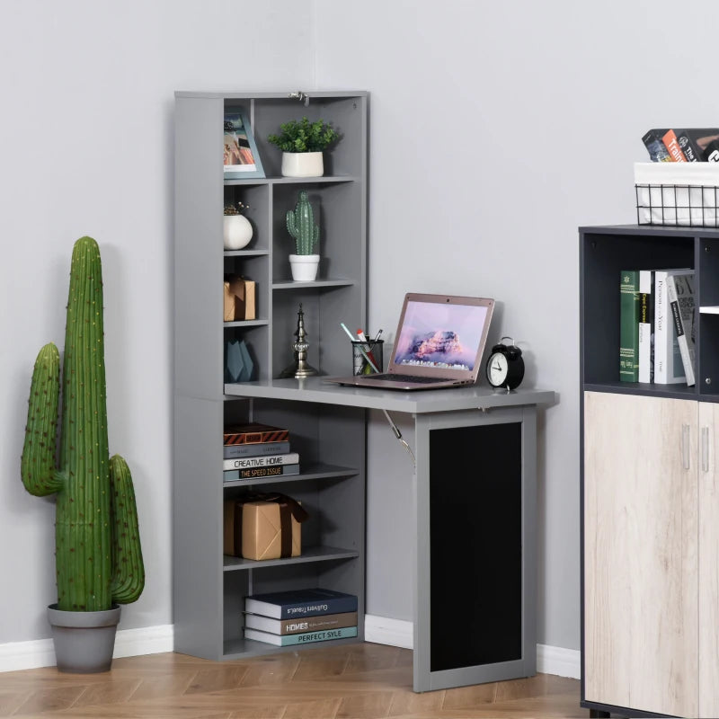 Folding Convertible Desk with Blackboard - Multi-Function Office Workstation & Side Shelf for Home Office - Grey