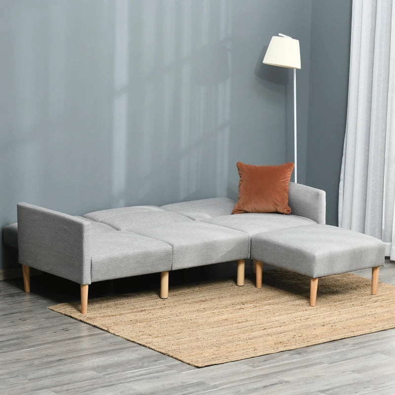 Linen Fabric L-Shaped Sofa Bed with Footstool and Rubber Wood Legs in Light Grey