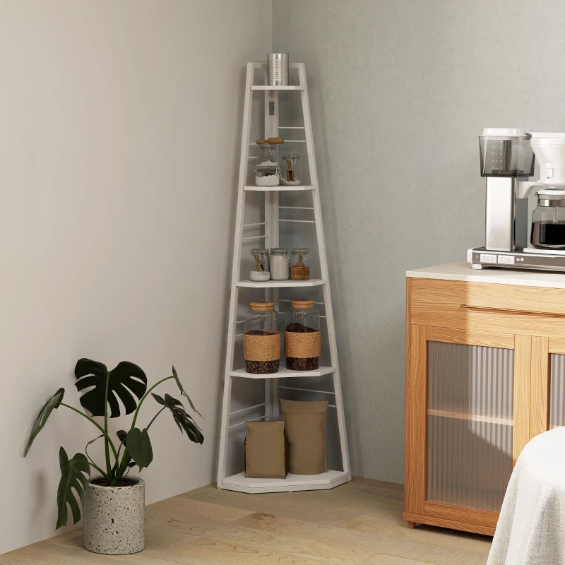 Stylish Five-Tier Corner Shelf in White - Space-Saving Storage Solution for Home Decor and Organization