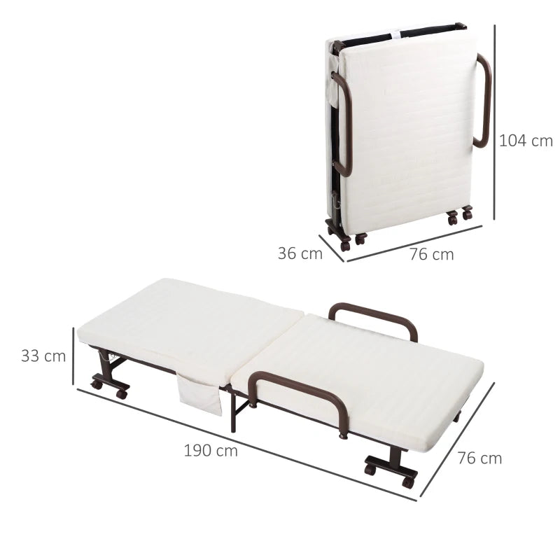 Portable Folding Bed with Mattress - Single Guest Bed, Adjustable Backrest, Metal Frame on Wheels, White, 190 x 76 cm