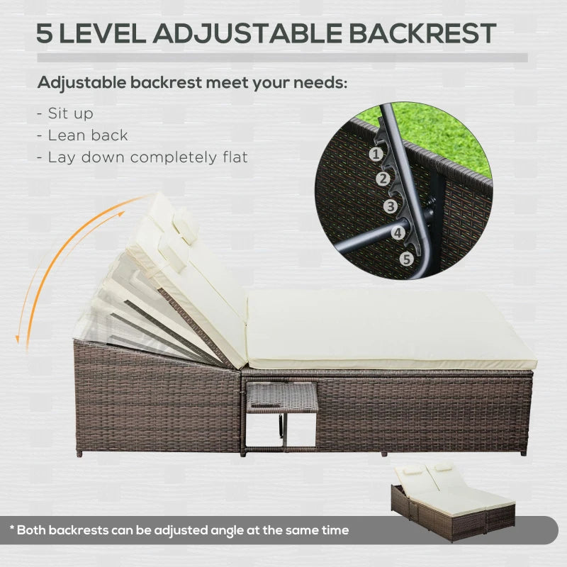 Double Rattan Sun Lounger Recliner Day Bed - Cream