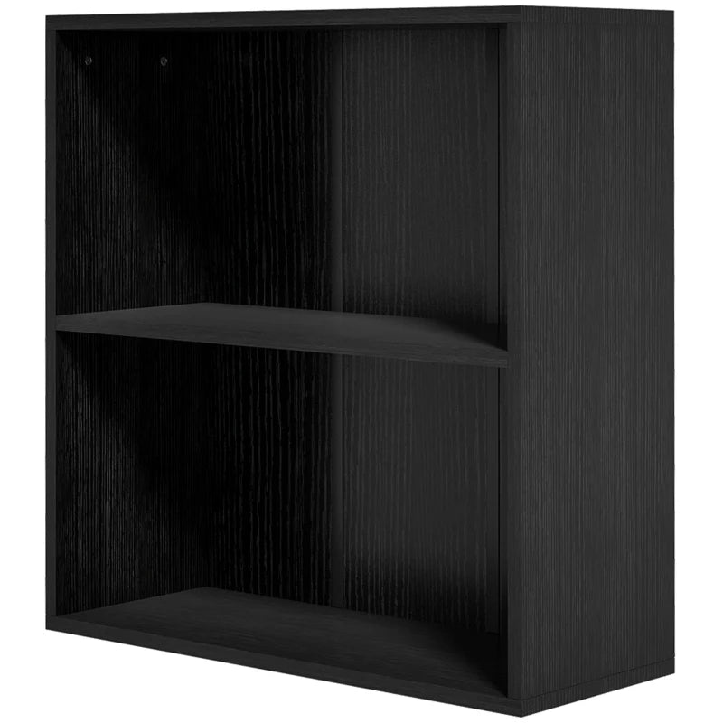 Adjustable 2-Tier Bookshelf - Low Black Bookcase with 2 Compartments for Home Office, Living Room & Study
