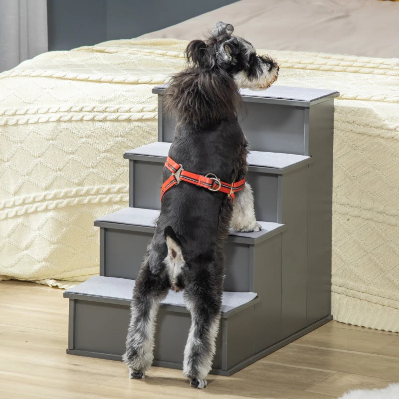 4 Step Wooden Dog Stairs - Non-Slip Pet Ladder for Bed & Couch, Grey, 40x59x54.2 cm - Ideal for Dogs & Cats