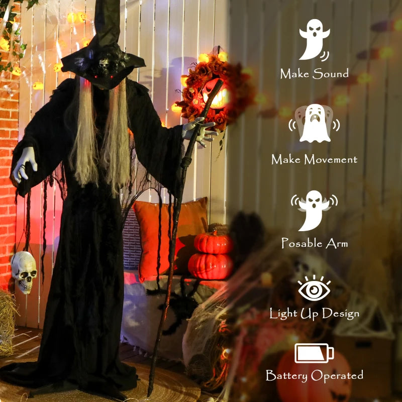 170 cm Animated Life Size Witch with Glowing LED Eyes - Spooky Halloween Decoration, Battery Operated Indoor Party Prop