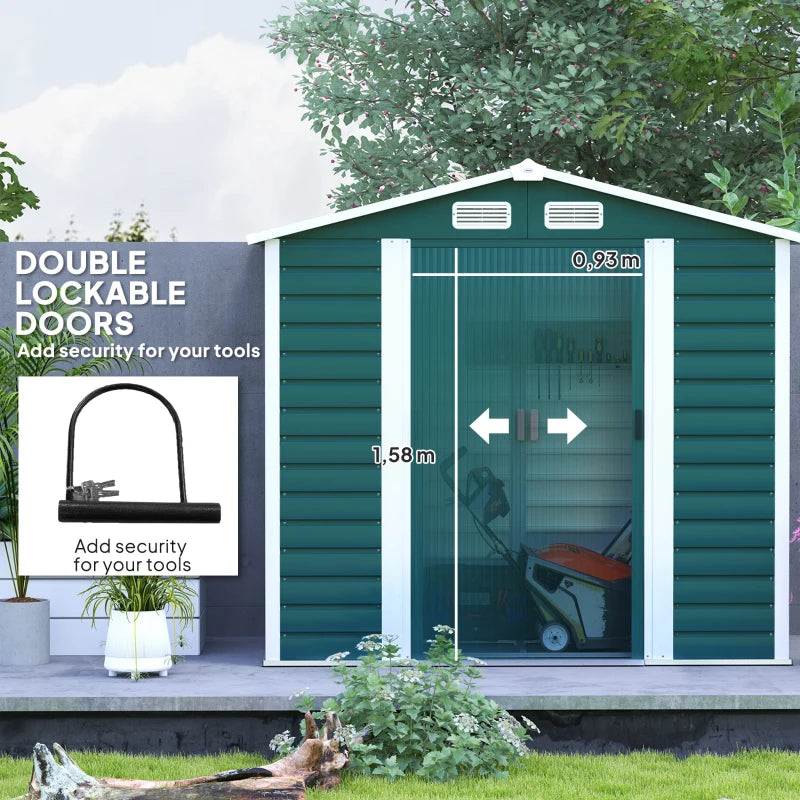 7ft x 4ft Green Metal Garden Shed - Easy Assembly, Galvanised Steel, Double Doors, Vents