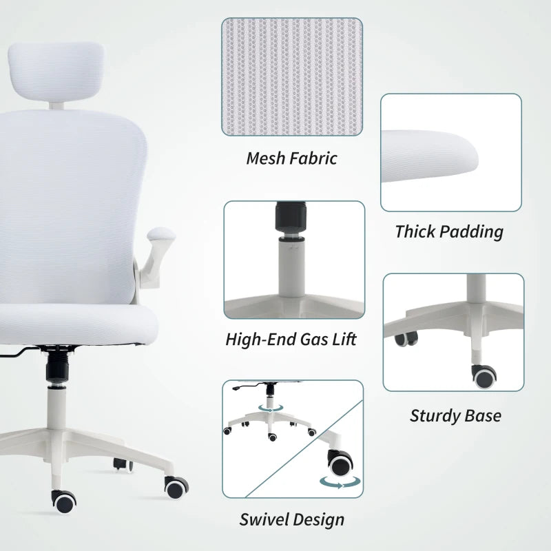 Vinsetto Ergonomic Office Chair with Adjustable Lumbar Support, Headrest & Breathable Mesh Back - Stylish White Design