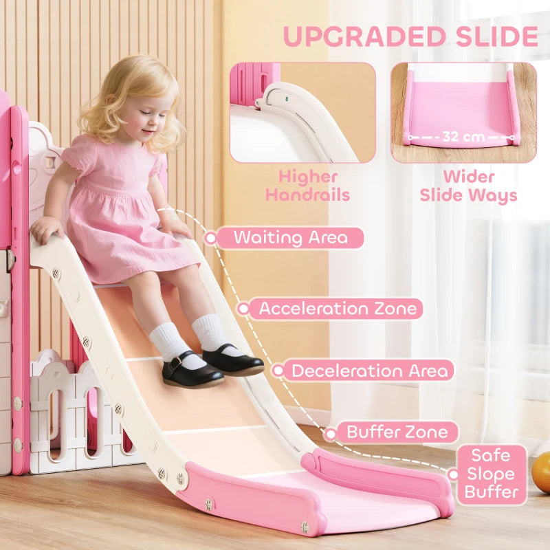 7 in 1 Toddler Slide Set with Basketball Hoop Climbing Frame Telescope Drawing Board Storage Box Pink